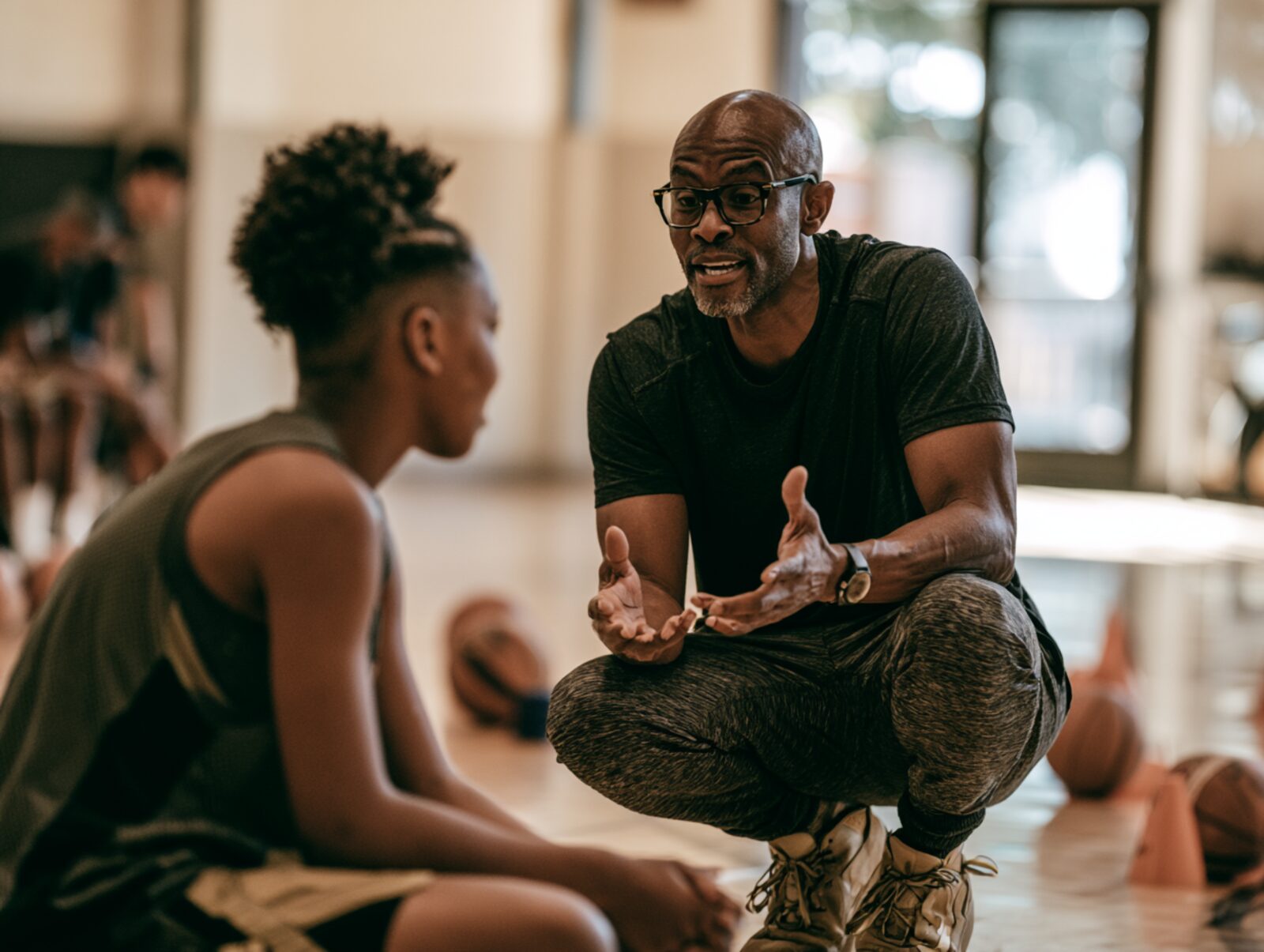 A coach talking through the work with a young athlete during practice