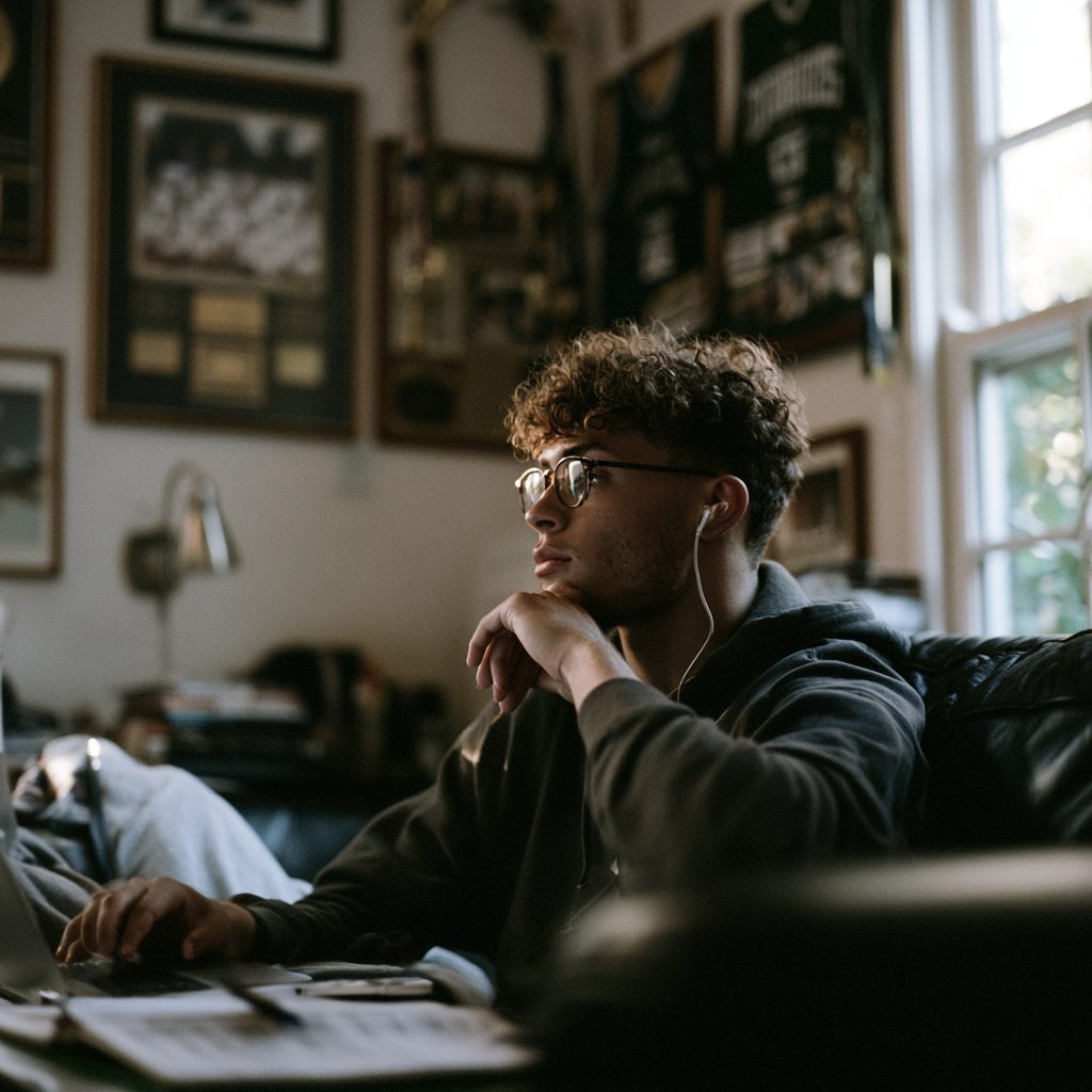 A high school athlete working through an online program at a desk