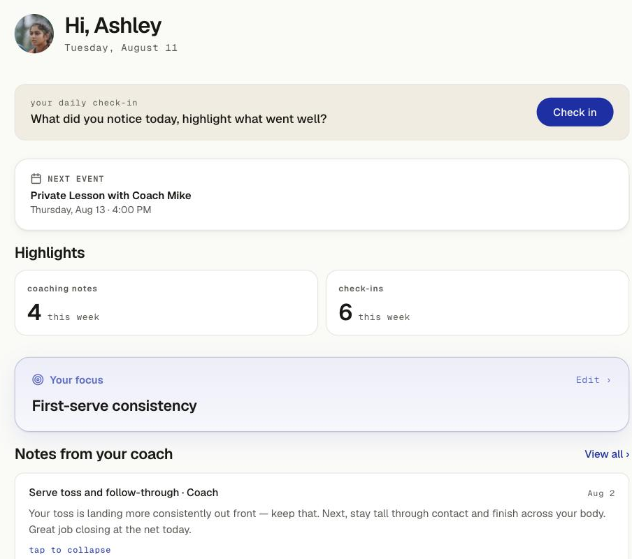 The athlete home in BlueChip — Ashley's next lesson, focus, and notes from her coach